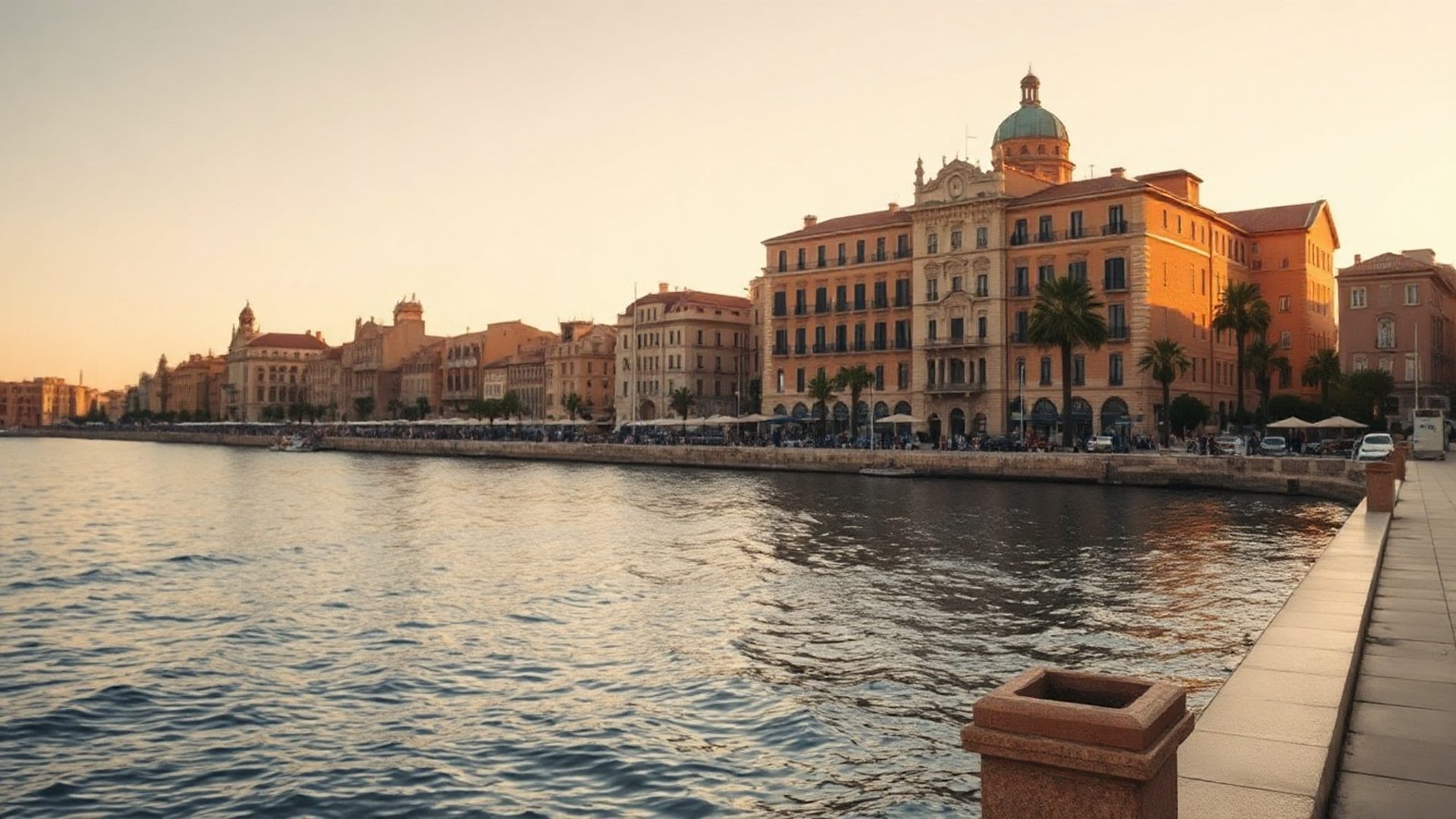 Vista del paseo marítimo de Palma de Mallorca con luz dorada matinal