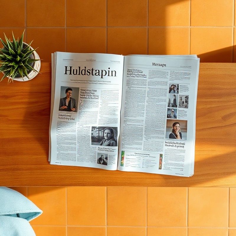 Periódico abierto sobre mesa de madera cálida con luz ámbar